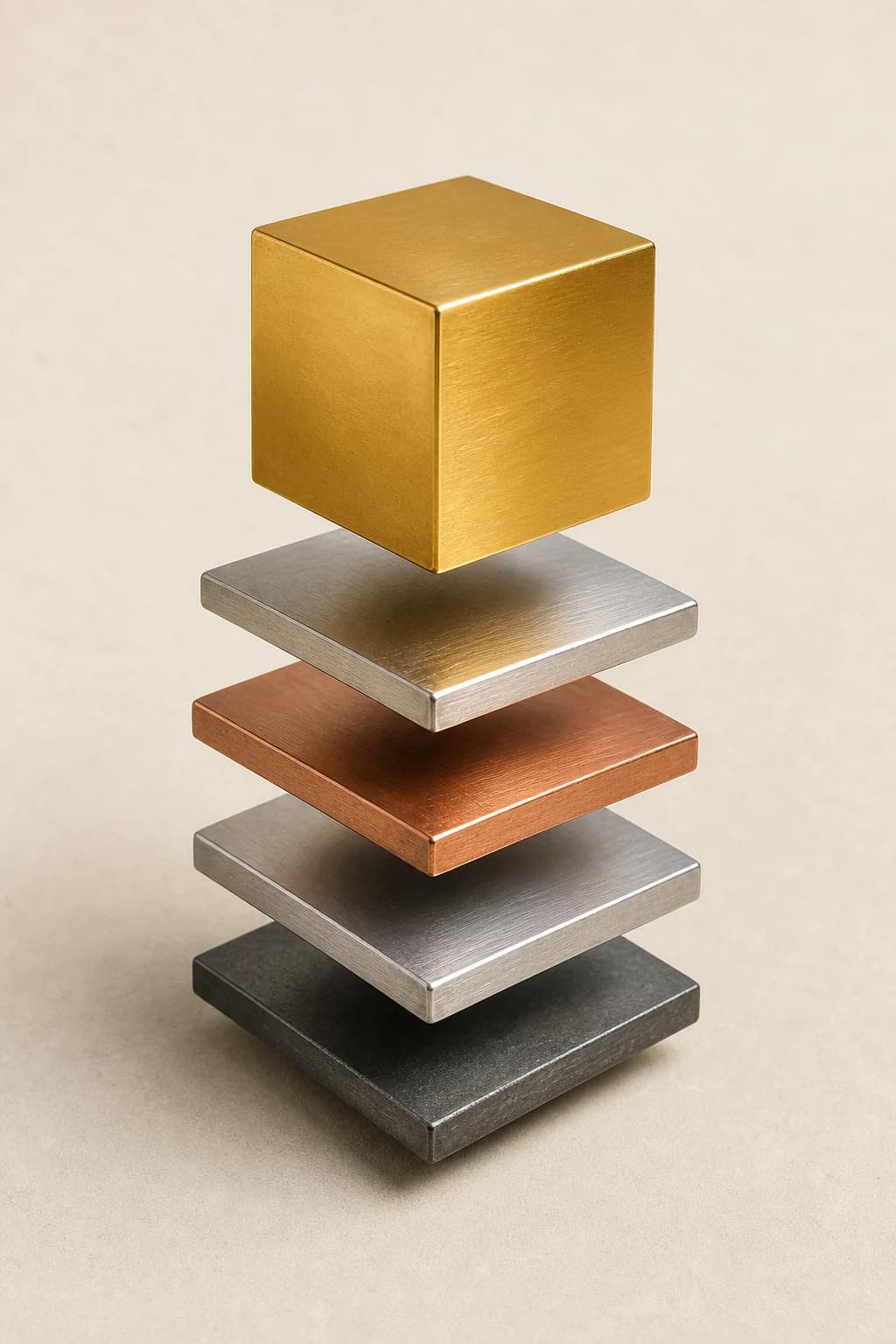 A gold cube floating above separated layers of silver, copper, platinum-toned metal, and dark tungsten